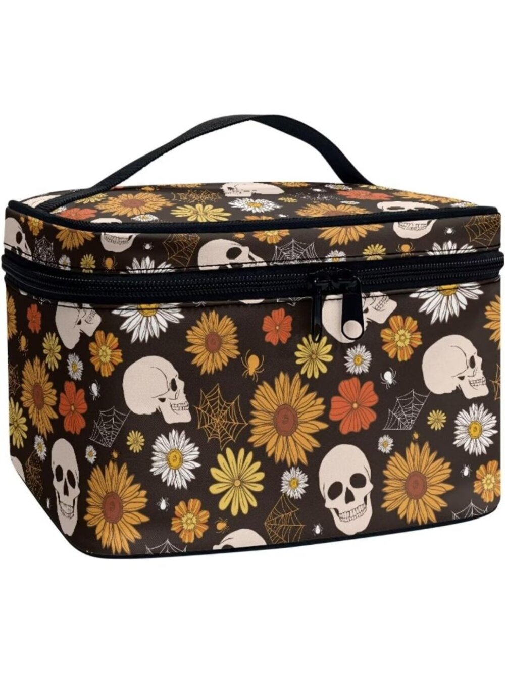 Gothic Floral Skull Makeup Bag - Large Capacity Travel Cosmetic Tote with Zipper